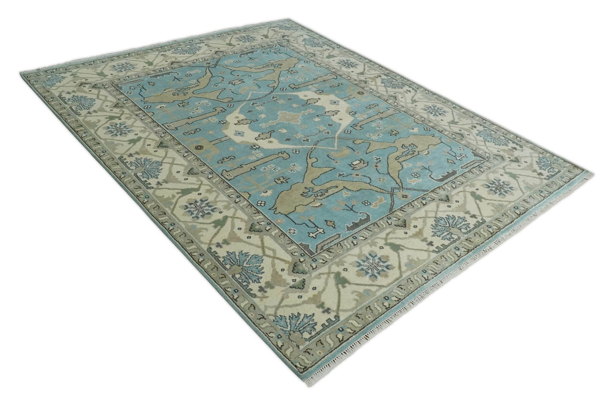 Hand Knotted 8x10 Oriental Oushak Aqua and Beige Wool Area Rug | TRDCP1194810