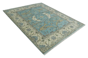 Hand Knotted 8x10 Oriental Oushak Aqua and Beige Wool Area Rug | TRDCP1194810