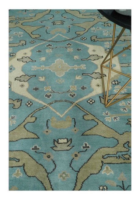Hand Knotted 8x10 Oriental Oushak Aqua and Beige Wool Area Rug | TRDCP1194810