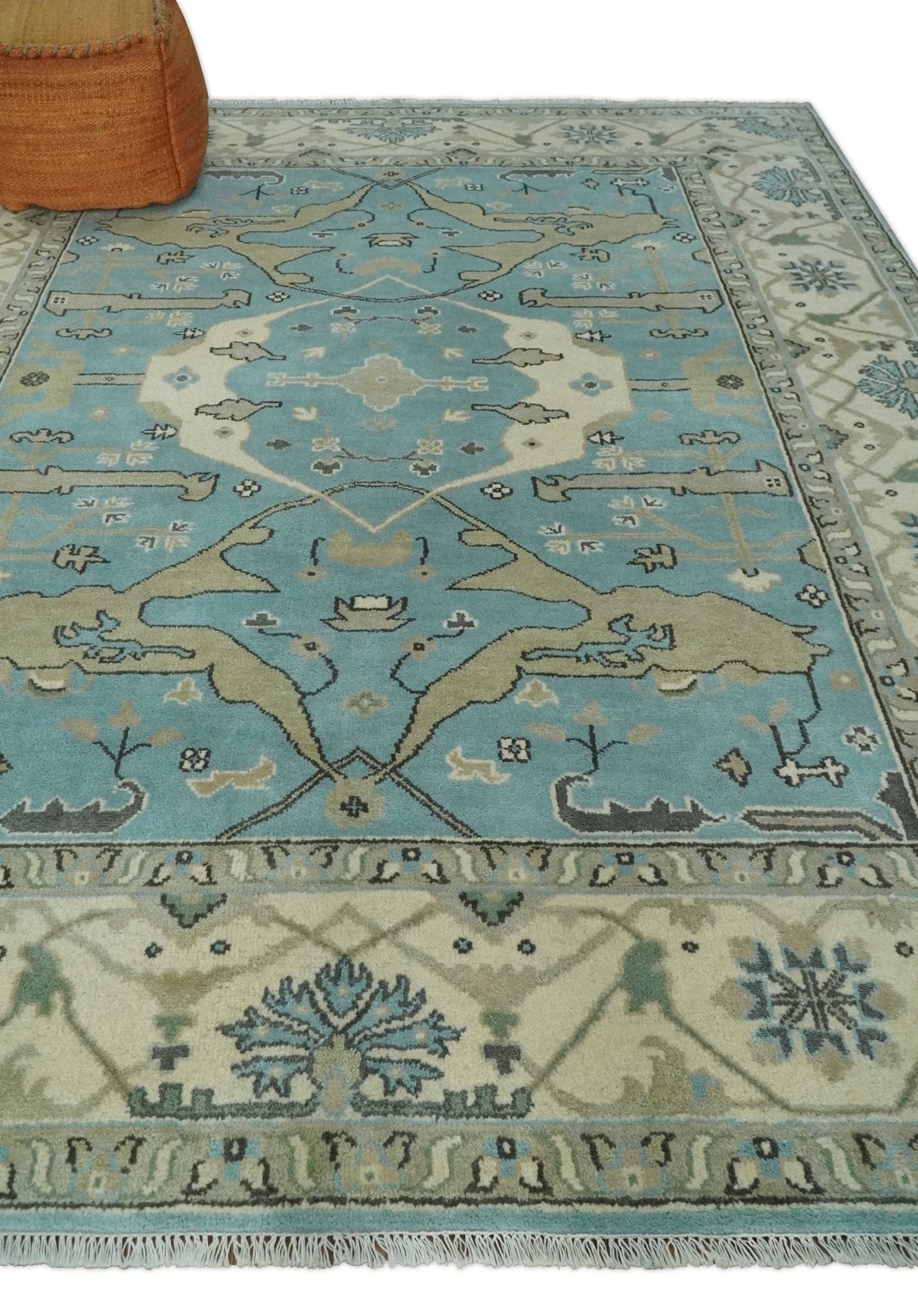 Hand Knotted 8x10 Oriental Oushak Aqua and Beige Wool Area Rug | TRDCP1194810