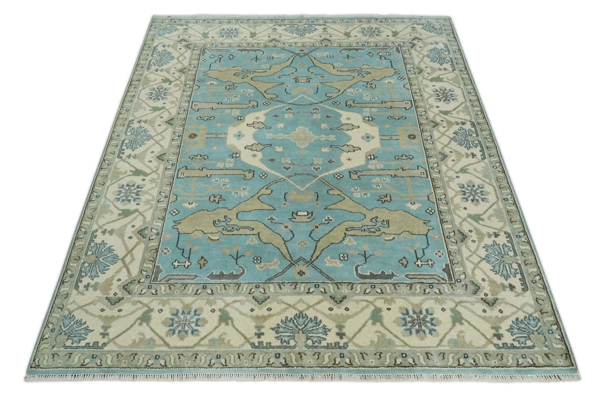 Hand Knotted 8x10 Oriental Oushak Aqua and Beige Wool Area Rug | TRDCP1194810