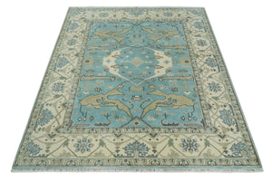 Hand Knotted 8x10 Oriental Oushak Aqua and Beige Wool Area Rug | TRDCP1194810