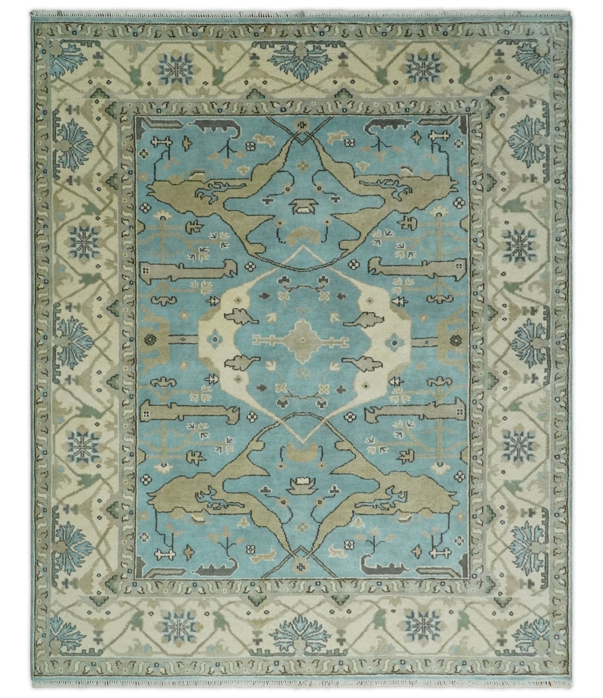 Hand Knotted 8x10 Oriental Oushak Aqua and Beige Wool Area Rug | TRDCP1194810