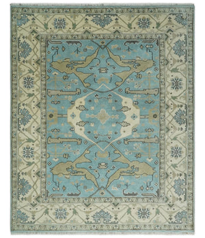 Hand Knotted 8x10 Oriental Oushak Aqua and Beige Wool Area Rug | TRDCP1194810
