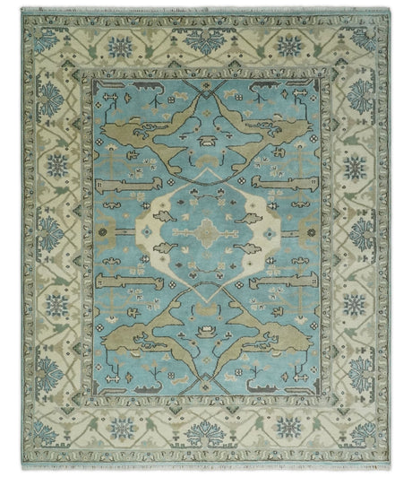 Hand Knotted 8x10 Oriental Oushak Aqua and Beige Wool Area Rug | TRDCP1194810