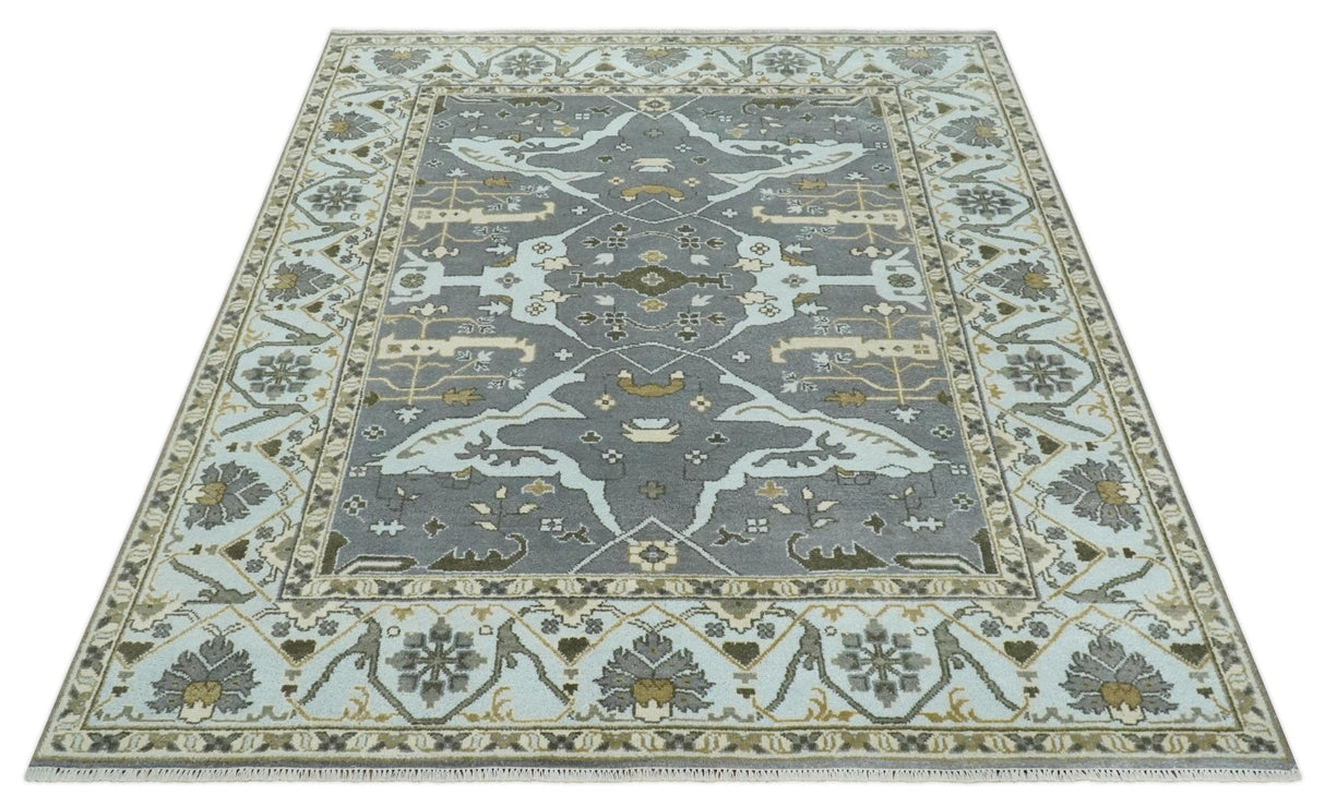 Hand Knotted 8x10 Oriental Oushak Charcoal, Aqua and Beige Wool Area Rug | TRDCP1184810