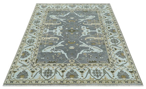 Hand Knotted 8x10 Oriental Oushak Charcoal, Aqua and Beige Wool Area Rug | TRDCP1184810