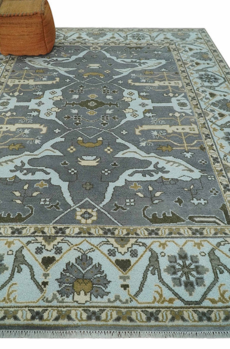Hand Knotted 8x10 Oriental Oushak Charcoal, Aqua and Beige Wool Area Rug | TRDCP1184810