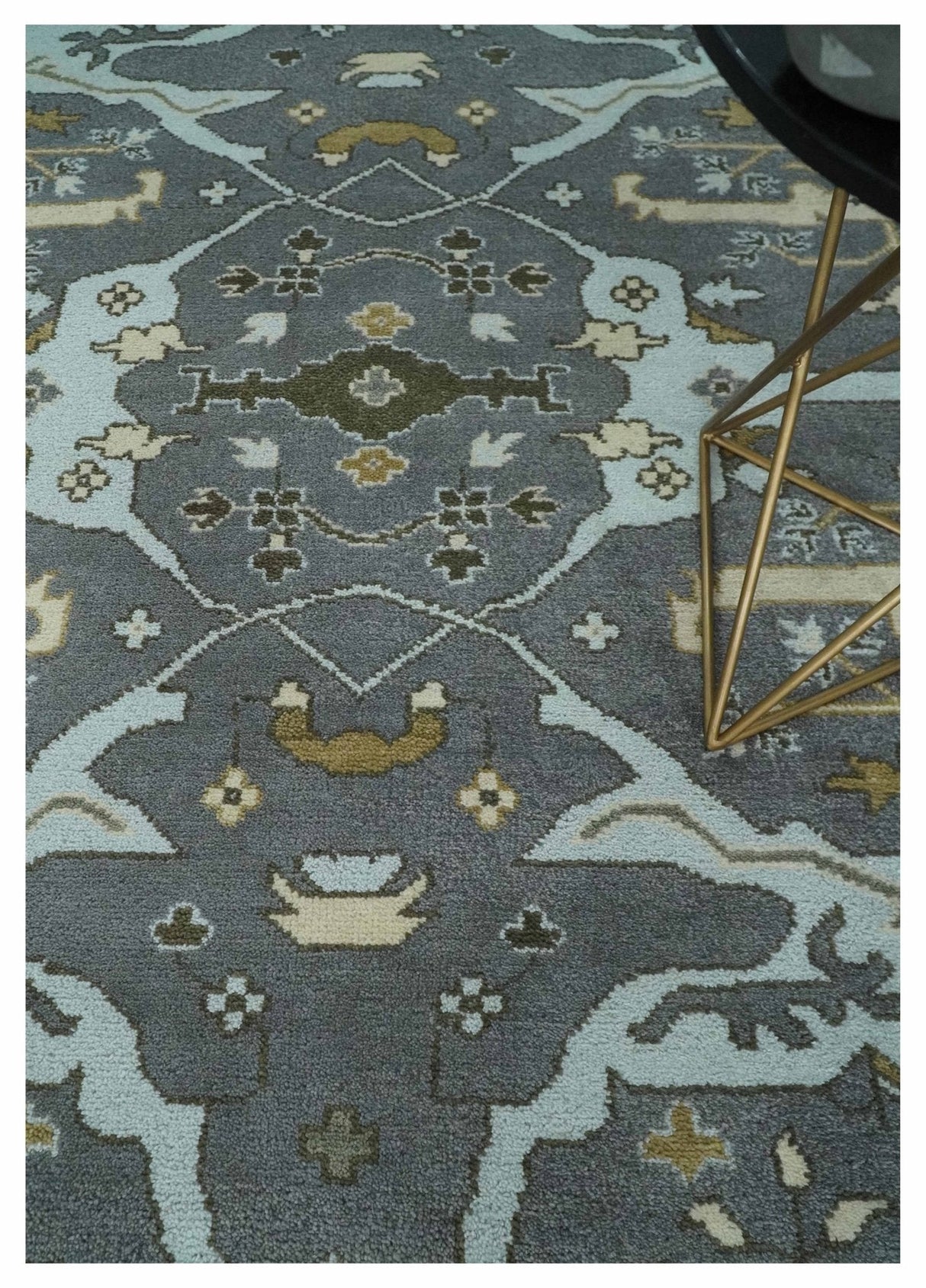 Hand Knotted 8x10 Oriental Oushak Charcoal, Aqua and Beige Wool Area Rug | TRDCP1184810