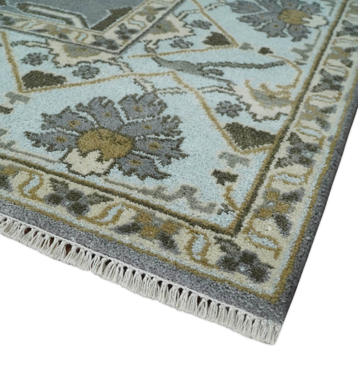 Hand Knotted 8x10 Oriental Oushak Charcoal, Aqua and Beige Wool Area Rug | TRDCP1184810