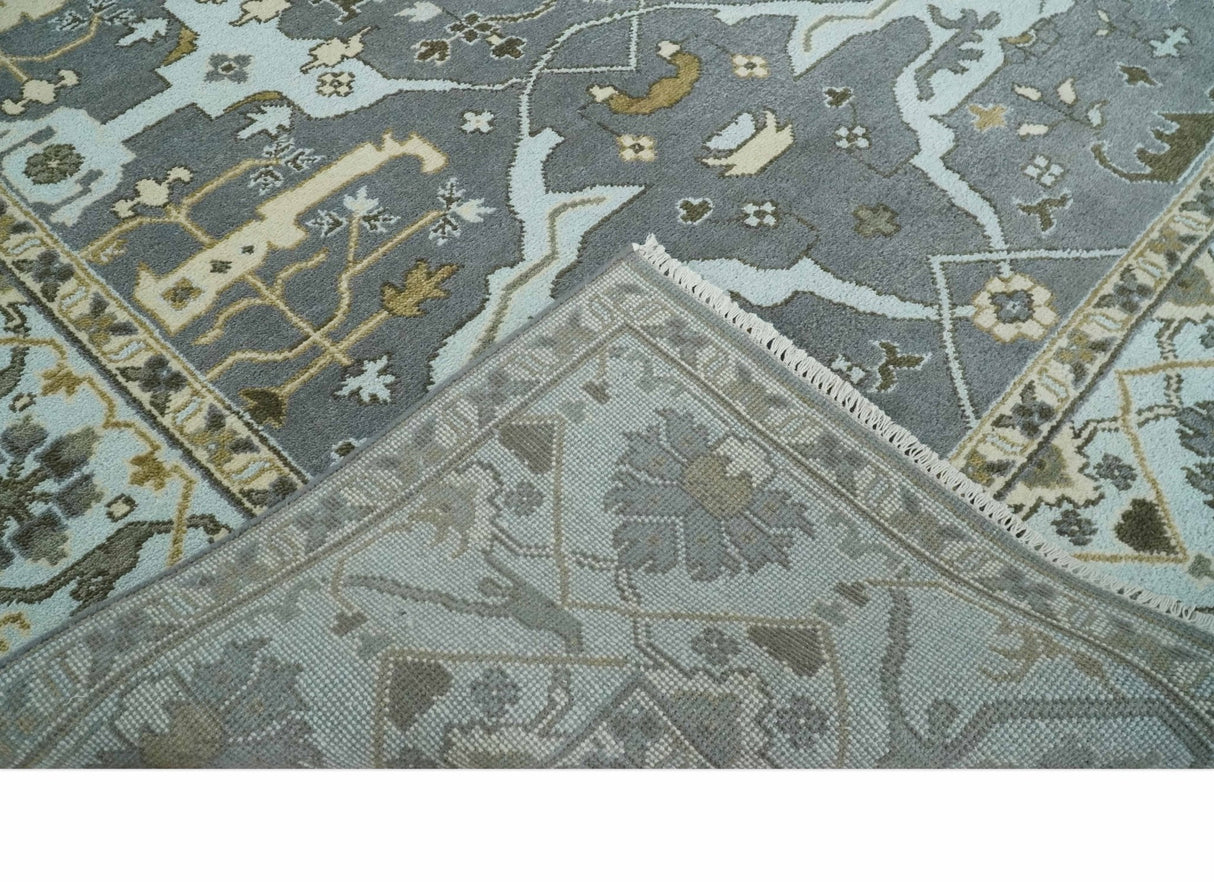 Hand Knotted 8x10 Oriental Oushak Charcoal, Aqua and Beige Wool Area Rug | TRDCP1184810