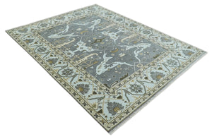 Hand Knotted 8x10 Oriental Oushak Charcoal, Aqua and Beige Wool Area Rug | TRDCP1184810