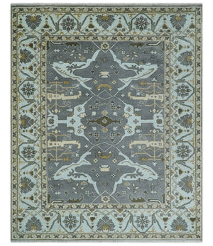 Hand Knotted 8x10 Oriental Oushak Charcoal, Aqua and Beige Wool Area Rug | TRDCP1184810
