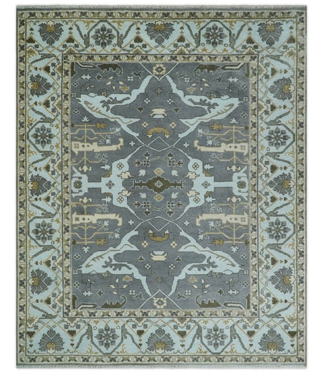 Hand Knotted 8x10 Oriental Oushak Charcoal, Aqua and Beige Wool Area Rug | TRDCP1184810
