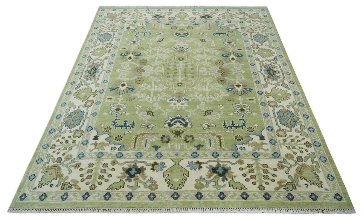 Hand Knotted 8x10 and 10x14 Light Green, Ivory and Silver Traditional Turkish Antique Style Wool Area Rug