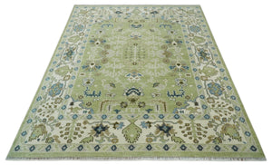 Hand Knotted 8x10 and 10x14 Light Green, Ivory and Silver Traditional Turkish Antique Style Wool Area Rug