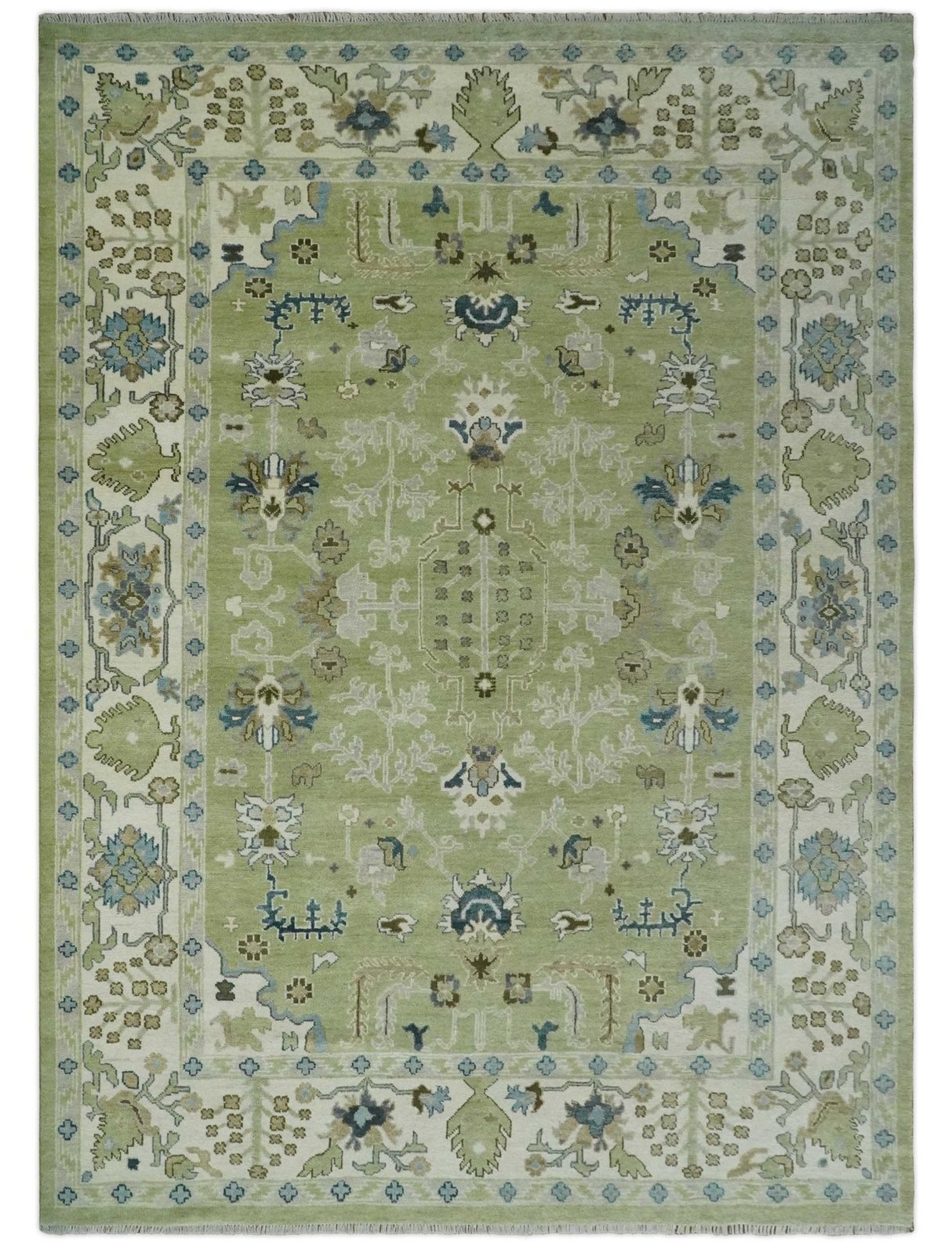 Hand Knotted 8x10 and 10x14 Light Green, Ivory and Silver Traditional Turkish Antique Style Wool Area Rug