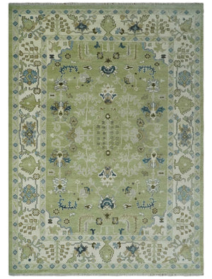 Hand Knotted 8x10 and 10x14 Light Green, Ivory and Silver Traditional Turkish Antique Style Wool Area Rug