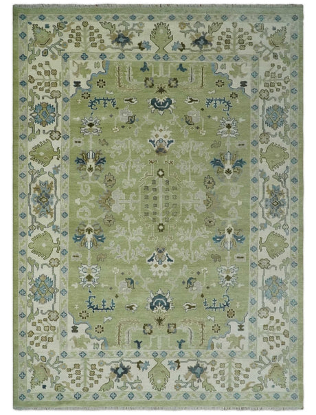 Hand Knotted 8x10 and 10x14 Light Green, Ivory and Silver Traditional Turkish Antique Style Wool Area Rug