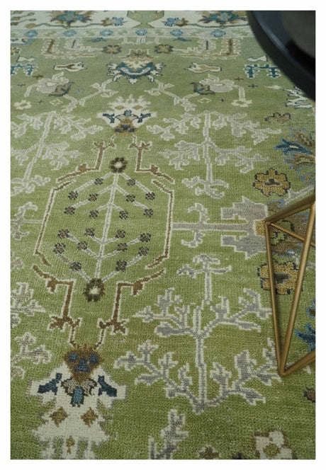 Hand Knotted 8x10 and 10x14 Light Green, Ivory and Silver Traditional Turkish Antique Style Wool Area Rug