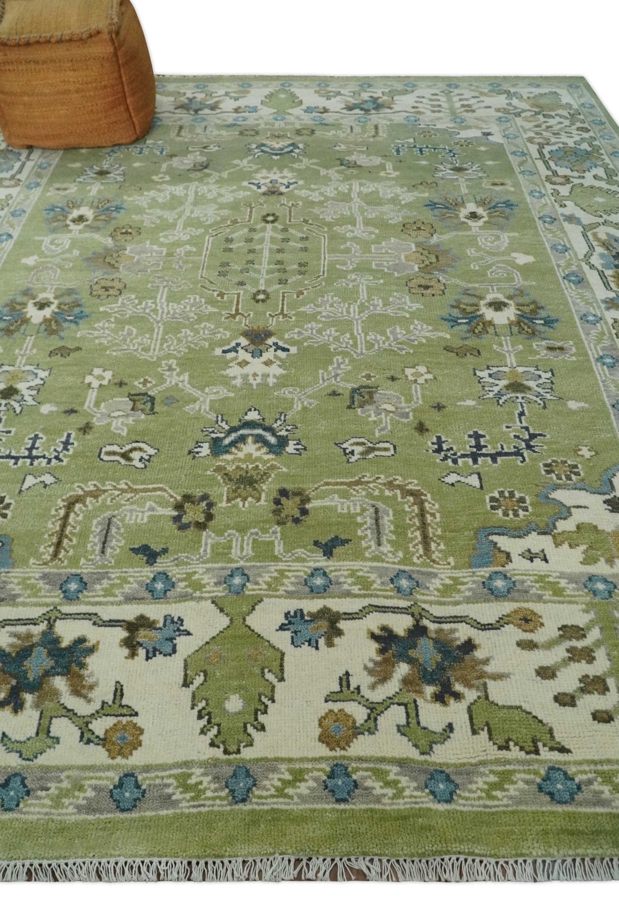 Hand Knotted 8x10 and 10x14 Light Green, Ivory and Silver Traditional Turkish Antique Style Wool Area Rug