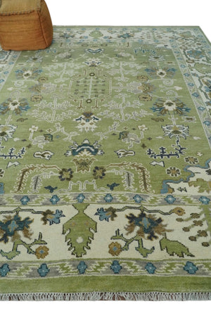 Hand Knotted 8x10 and 10x14 Light Green, Ivory and Silver Traditional Turkish Antique Style Wool Area Rug