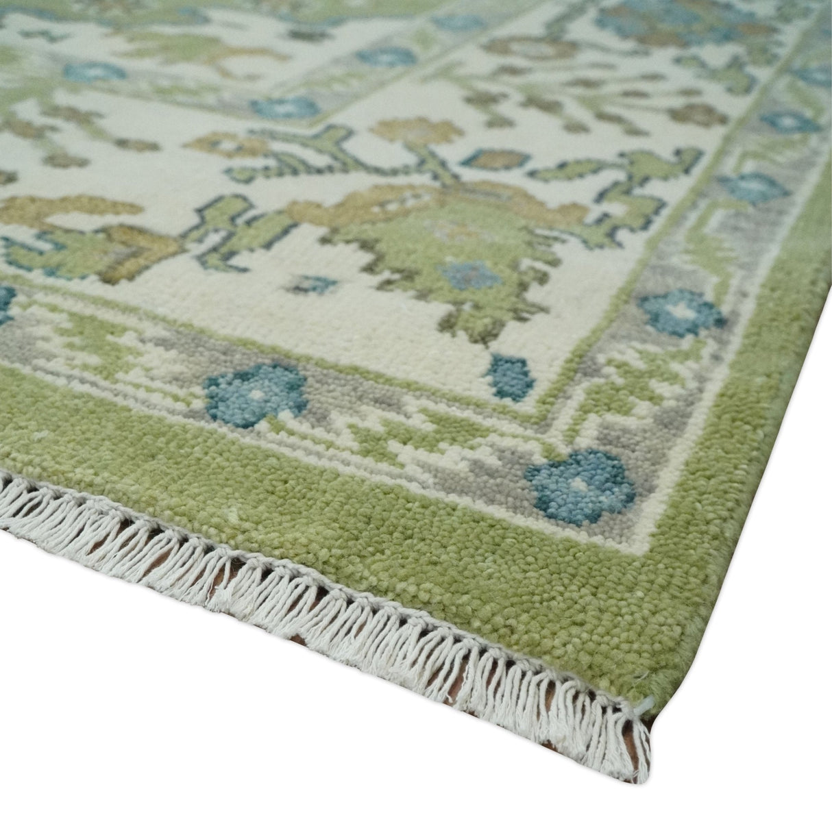 Hand Knotted 8x10 and 10x14 Light Green, Ivory and Silver Traditional Turkish Antique Style Wool Area Rug