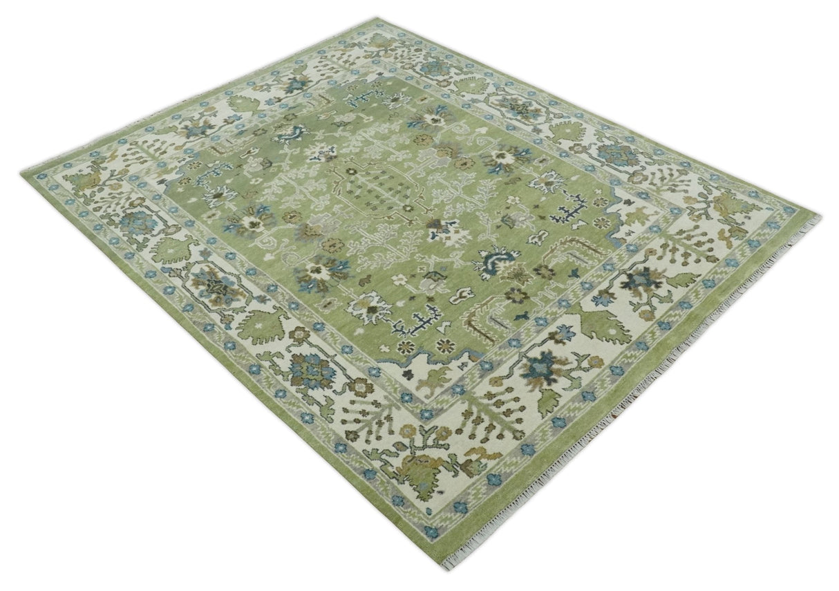 Hand Knotted 8x10 and 10x14 Light Green, Ivory and Silver Traditional Turkish Antique Style Wool Area Rug