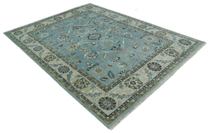 Hand Knotted 9x12 Blue and Ivory Traditional Persian Oushak Wool Rug | TRDCP908912
