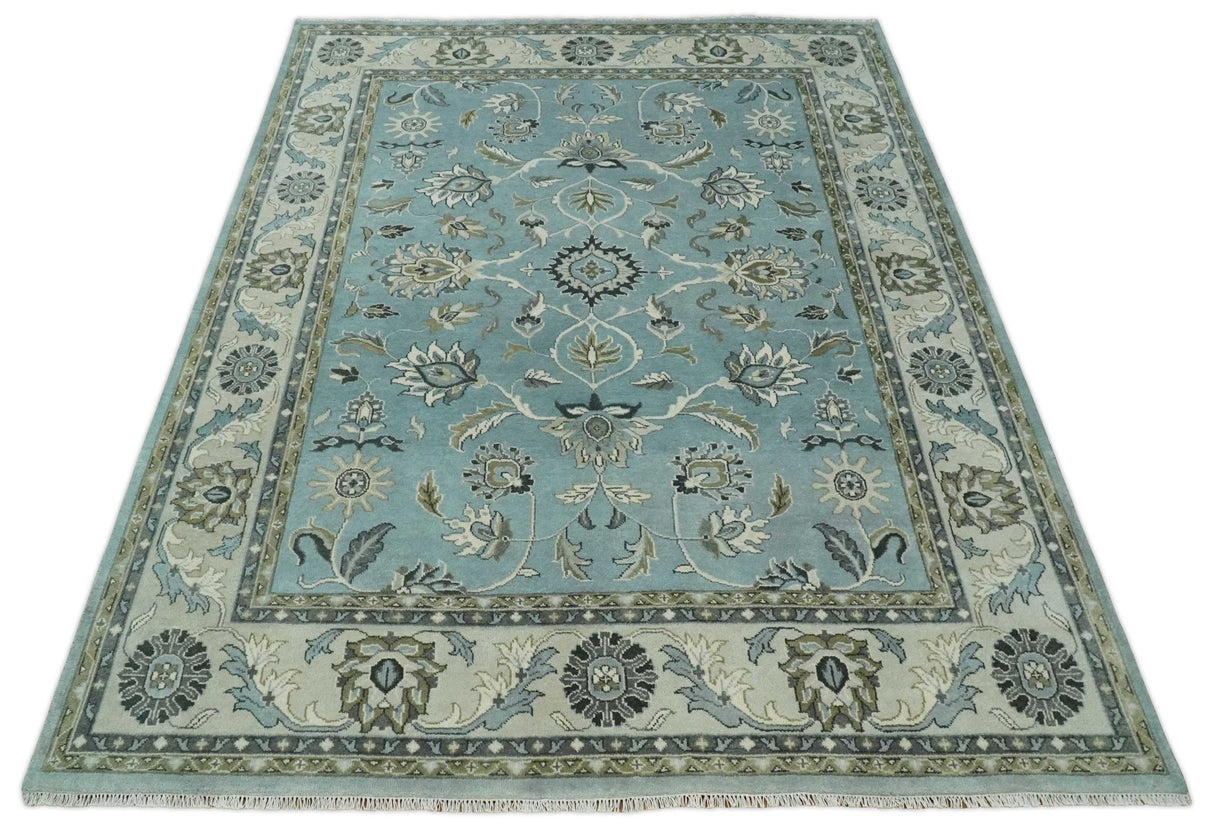 Hand Knotted 9x12 Blue and Ivory Traditional Persian Oushak Wool Rug | TRDCP908912