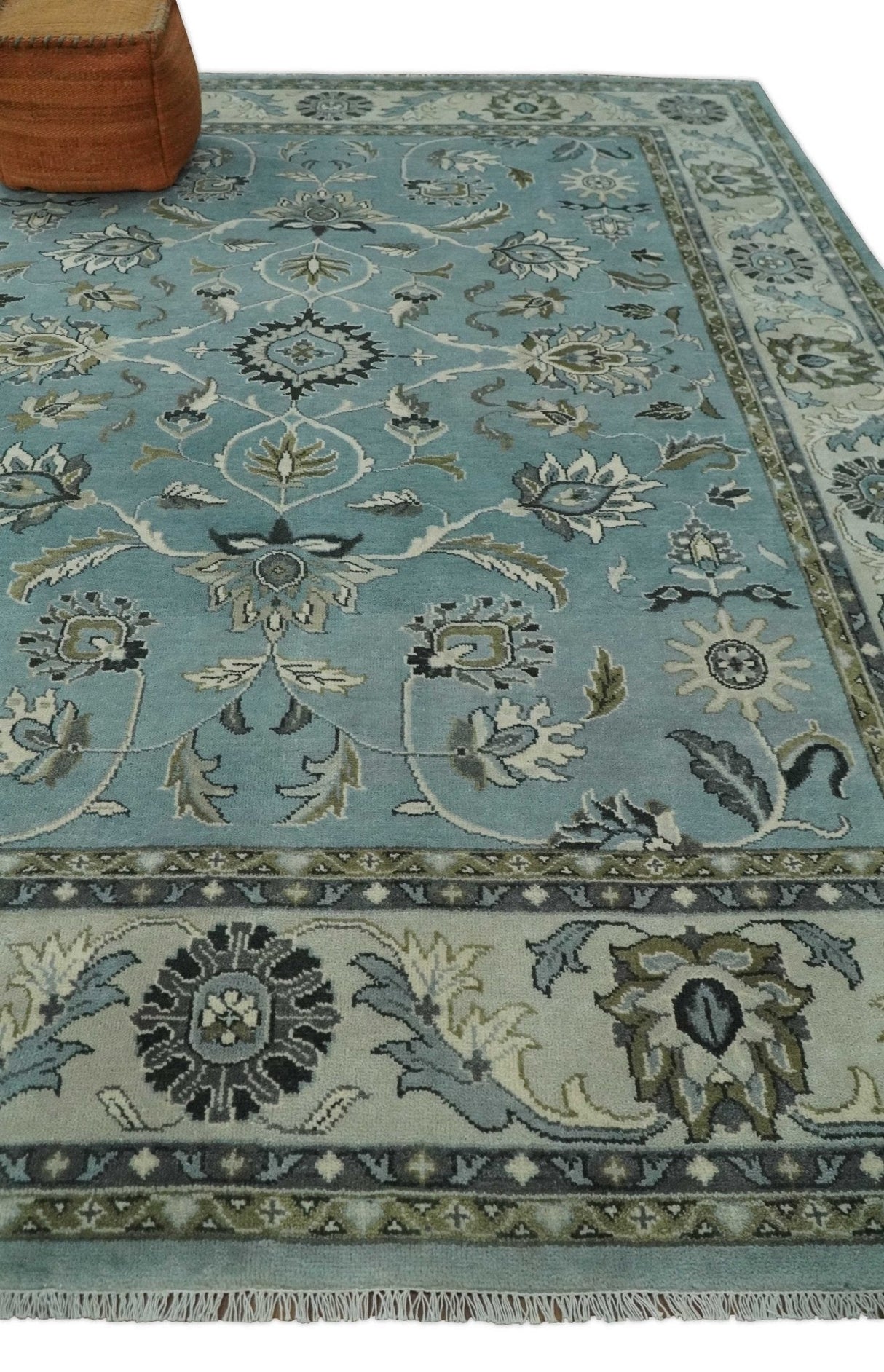 Hand Knotted 9x12 Blue and Ivory Traditional Persian Oushak Wool Rug | TRDCP908912
