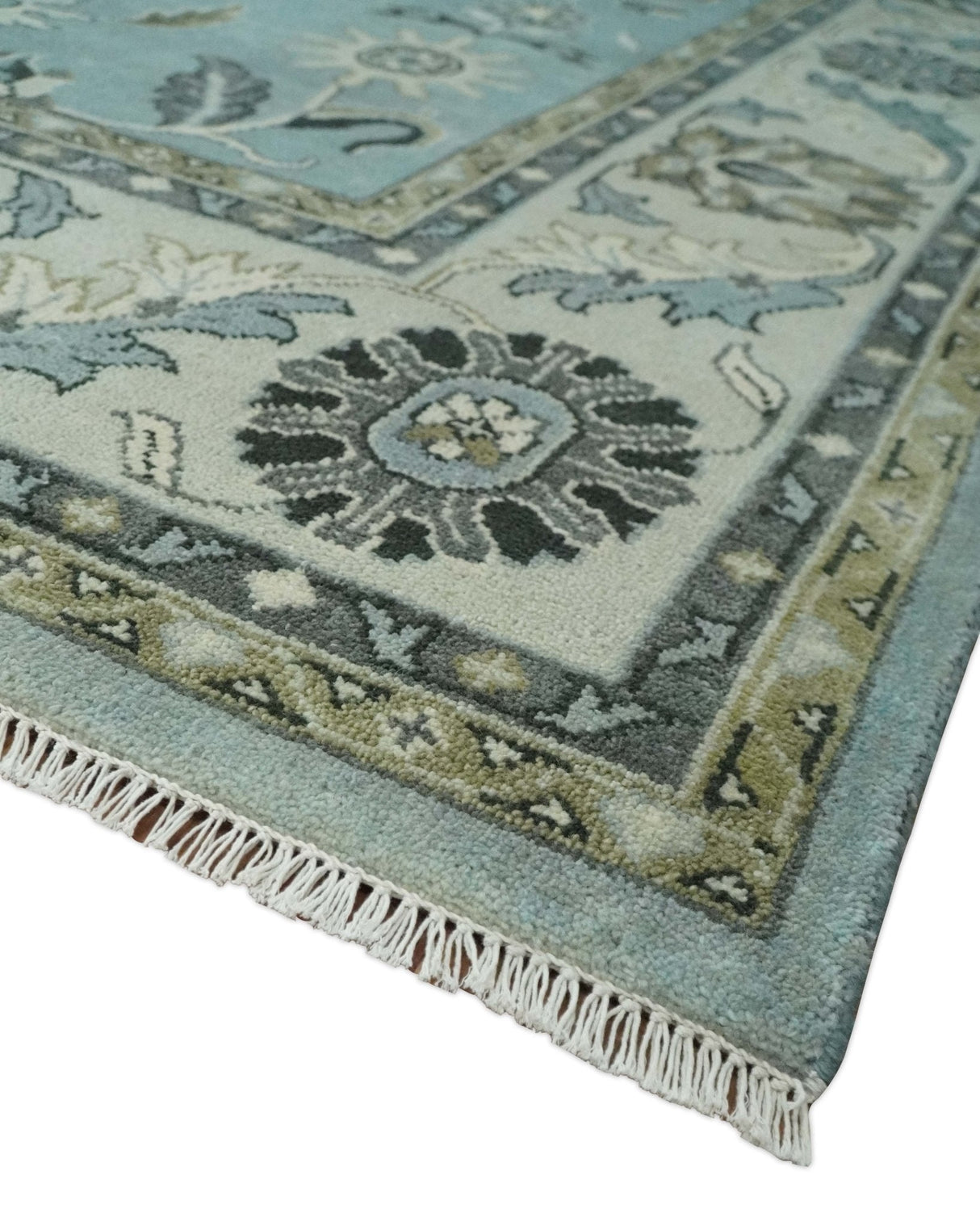 Hand Knotted 9x12 Blue and Ivory Traditional Persian Oushak Wool Rug | TRDCP908912