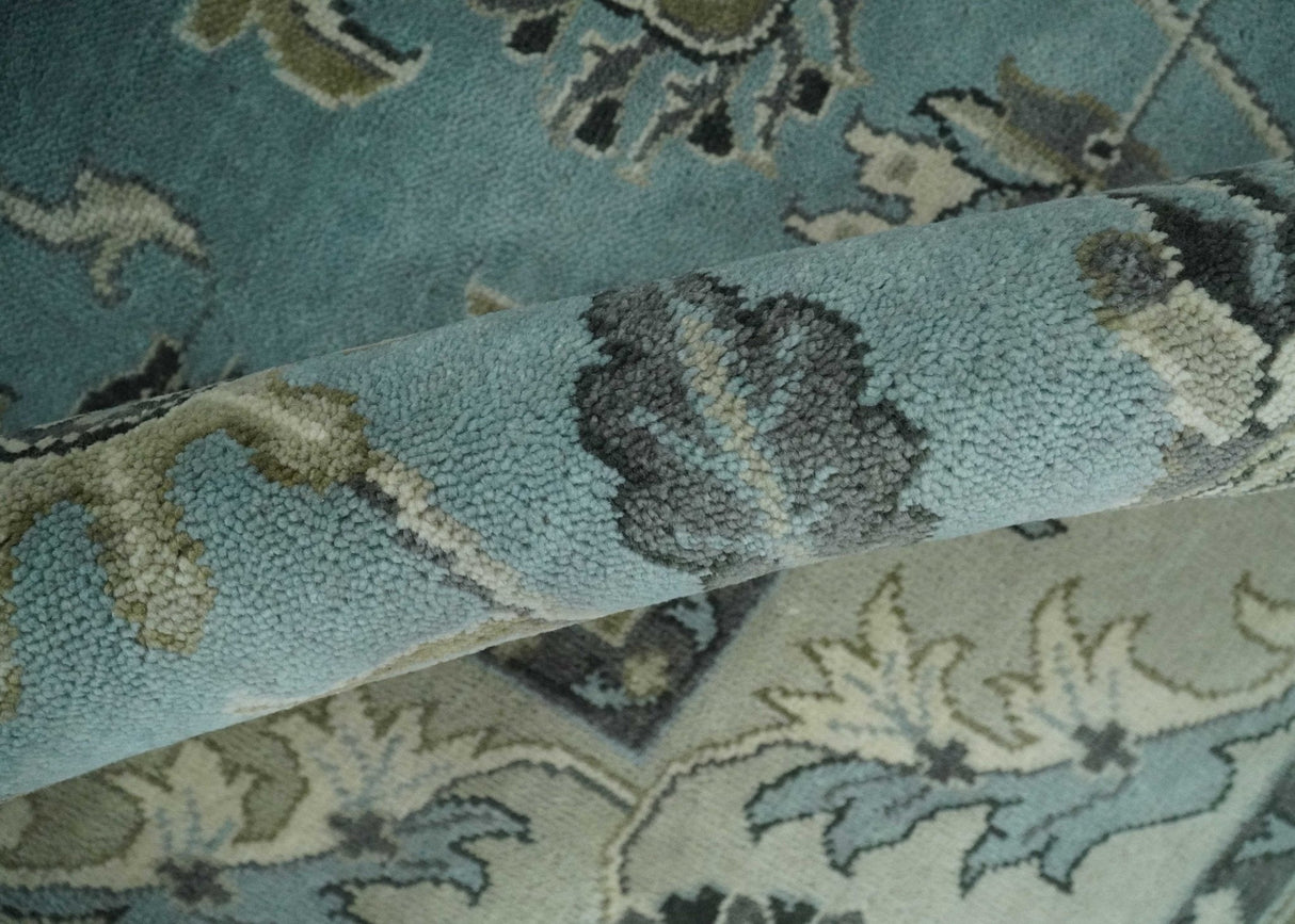 Hand Knotted 9x12 Blue and Ivory Traditional Persian Oushak Wool Rug | TRDCP908912