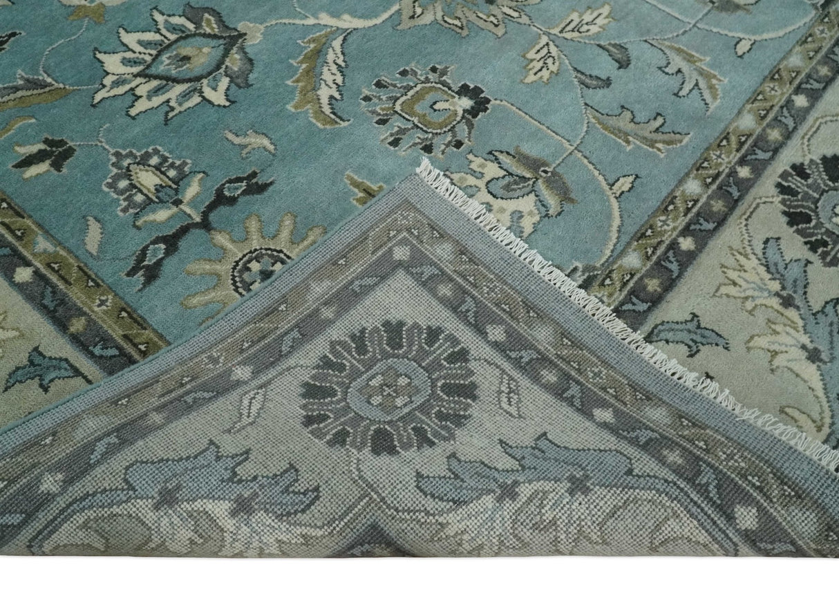 Hand Knotted 9x12 Blue and Ivory Traditional Persian Oushak Wool Rug | TRDCP908912