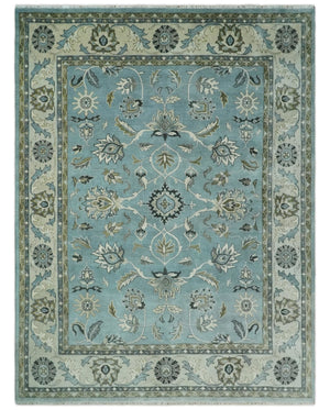 Hand Knotted 9x12 Blue and Ivory Traditional Persian Oushak Wool Rug | TRDCP908912