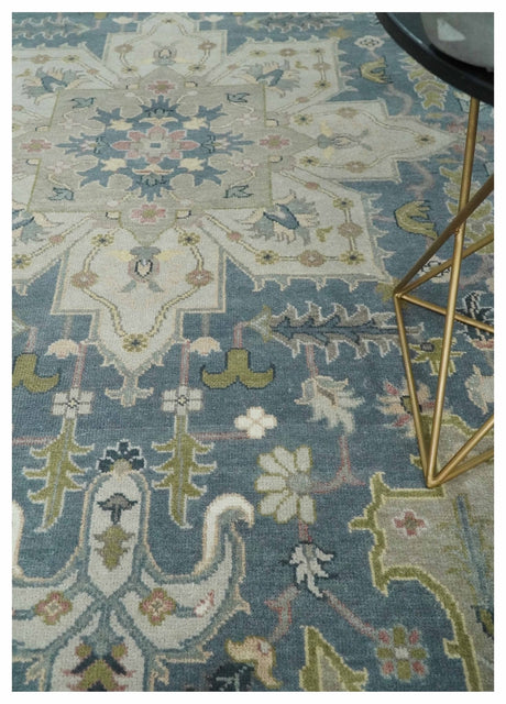 Hand Knotted 9x12 Ivory, Gray, Beige and Olive Traditional Vintage Heriz Serapi Wool Rug | TRDCP1041912