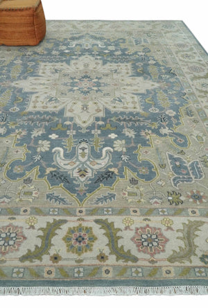 Hand Knotted 9x12 Ivory, Gray, Beige and Olive Traditional Vintage Heriz Serapi Wool Rug | TRDCP1041912