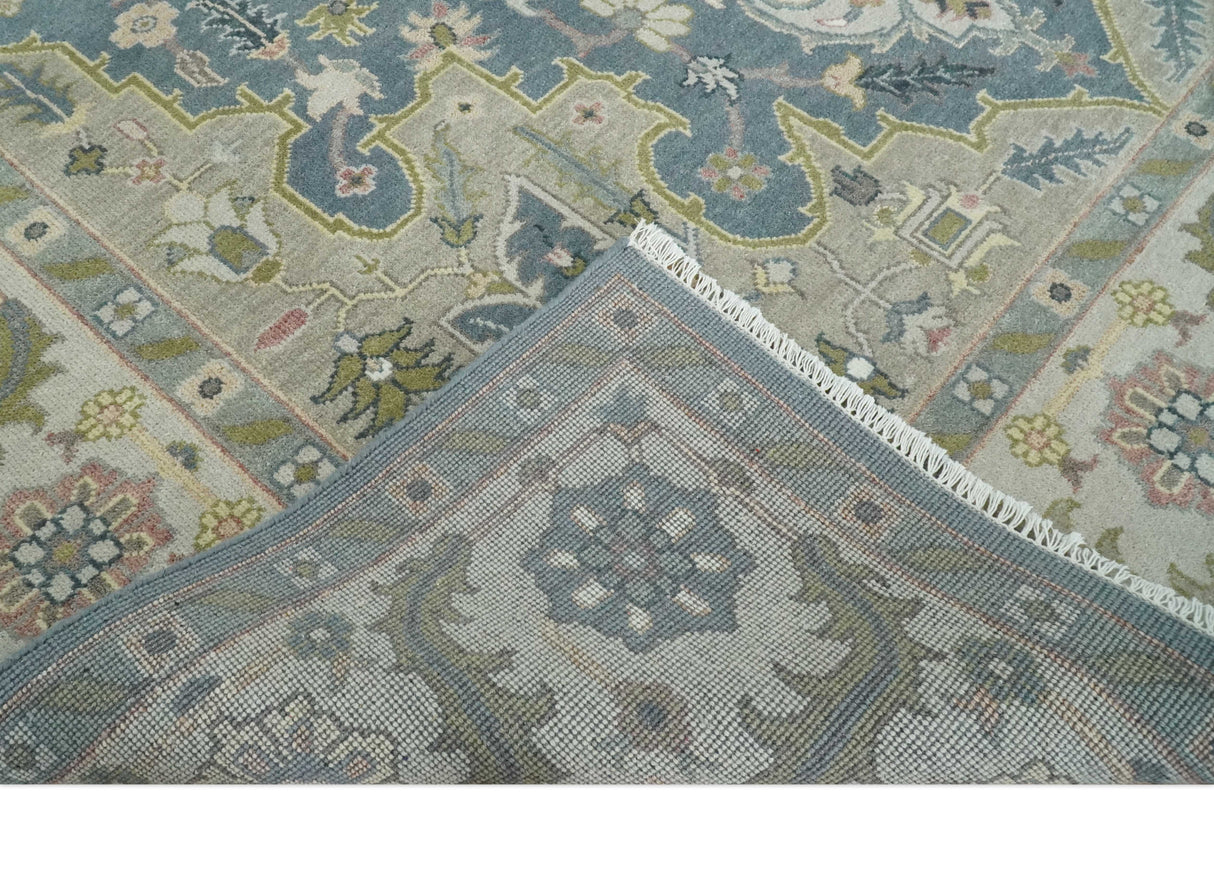 Hand Knotted 9x12 Ivory, Gray, Beige and Olive Traditional Vintage Heriz Serapi Wool Rug | TRDCP1041912