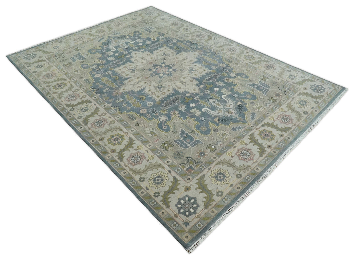 Hand Knotted 9x12 Ivory, Gray, Beige and Olive Traditional Vintage Heriz Serapi Wool Rug | TRDCP1041912