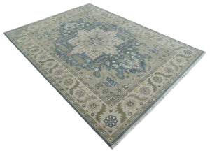 Hand Knotted 9x12 Ivory, Gray, Beige and Olive Traditional Vintage Heriz Serapi Wool Rug | TRDCP1041912