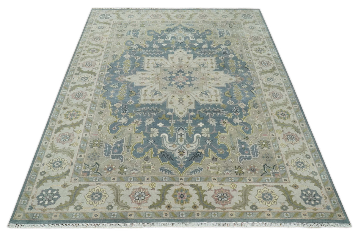 Hand Knotted 9x12 Ivory, Gray, Beige and Olive Traditional Vintage Heriz Serapi Wool Rug | TRDCP1041912