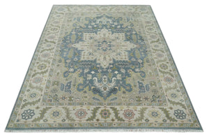 Hand Knotted 9x12 Ivory, Gray, Beige and Olive Traditional Vintage Heriz Serapi Wool Rug | TRDCP1041912
