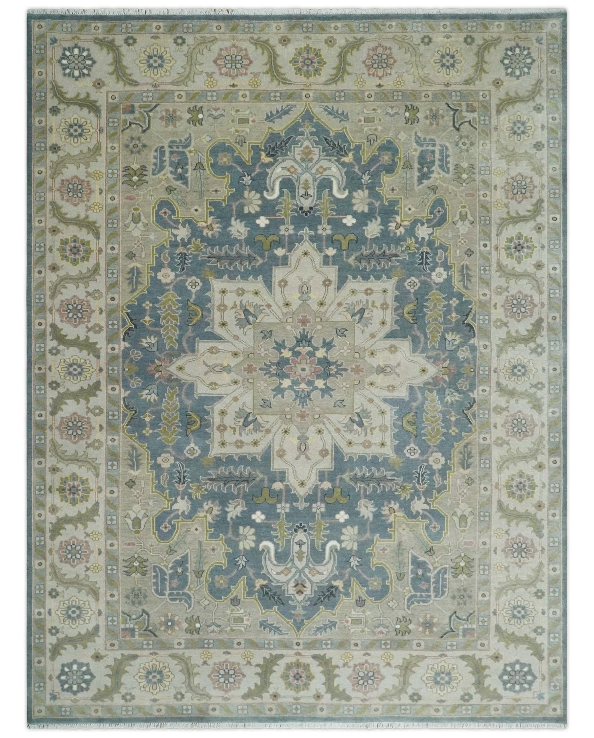 Hand Knotted 9x12 Ivory, Gray, Beige and Olive Traditional Vintage Heriz Serapi Wool Rug | TRDCP1041912