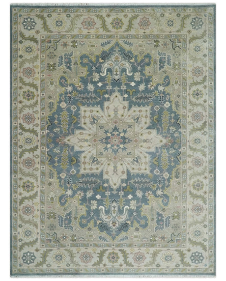Hand Knotted 9x12 Ivory, Gray, Beige and Olive Traditional Vintage Heriz Serapi Wool Rug | TRDCP1041912