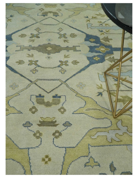 Hand Knotted 9x12 Oriental Oushak Beige and Blue Wool Area Rug, Living Room Rug | TRDCP1093912