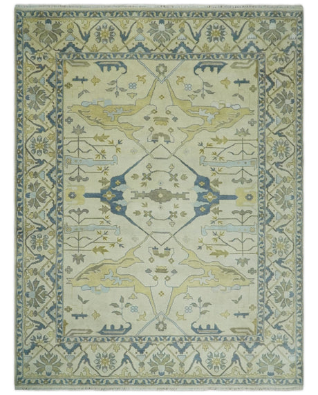 Hand Knotted 9x12 Oriental Oushak Beige and Blue Wool Area Rug, Living Room Rug | TRDCP1093912