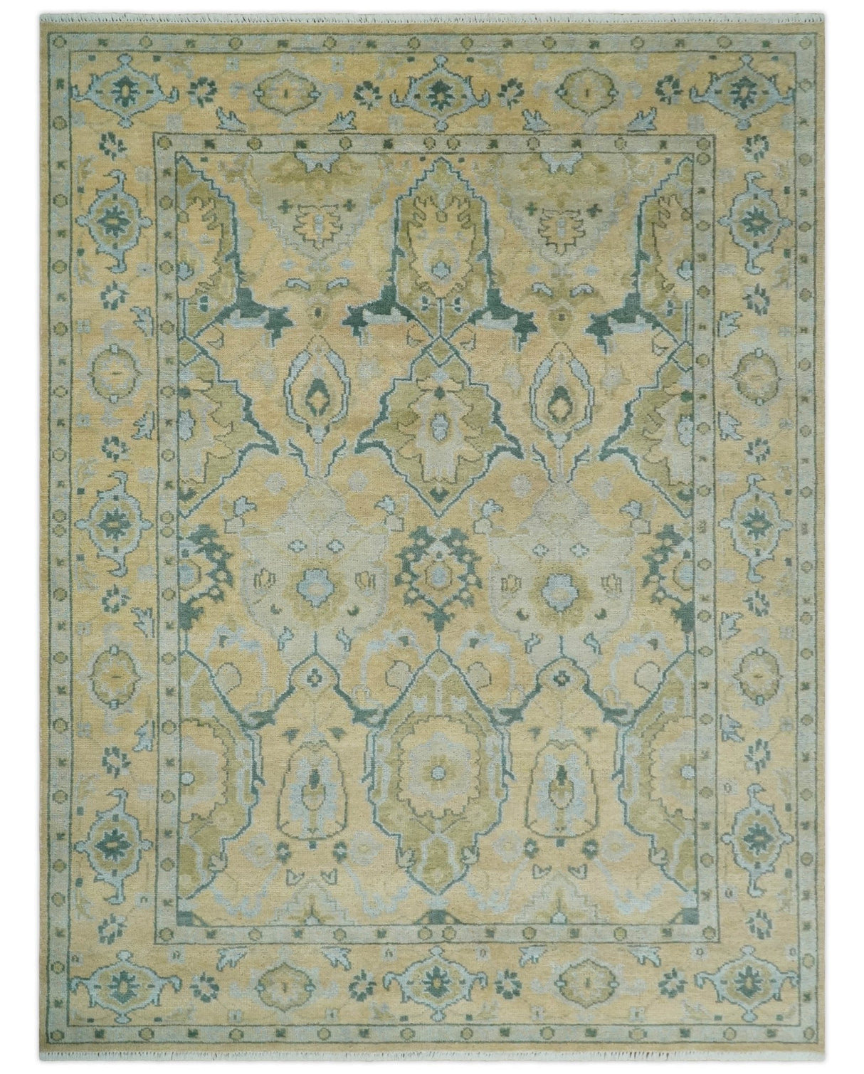 Hand Knotted 9x12 Oriental Oushak Beige and Blue Wool Area Rug | TRDCP1085912