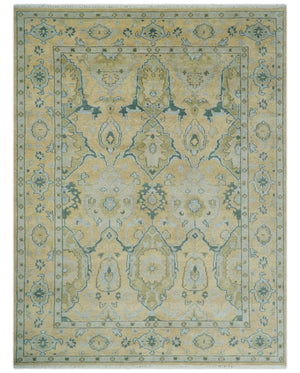 Hand Knotted 9x12 Oriental Oushak Beige and Blue Wool Area Rug | TRDCP1085912