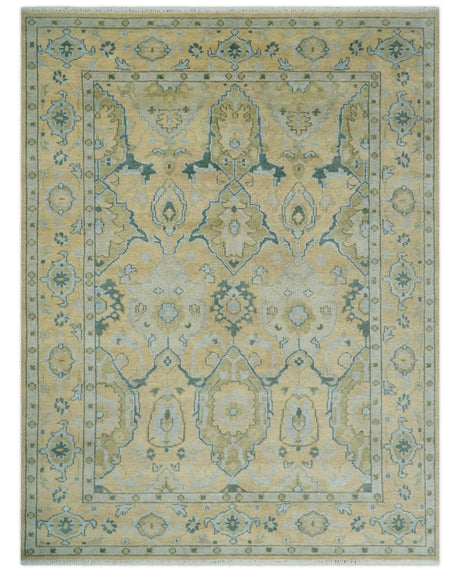 Hand Knotted 9x12 Oriental Oushak Beige and Blue Wool Area Rug | TRDCP1085912
