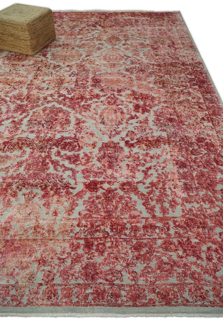 Hand Knotted 9x12 Pink and Silver Modern Persian Abstract Bamboo Silk and Wool Area Rug | TRD2061912